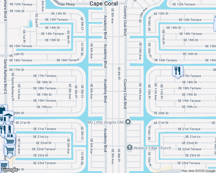 map of restaurants, bars, coffee shops, grocery stores, and more near 1809 Academy Boulevard in Cape Coral