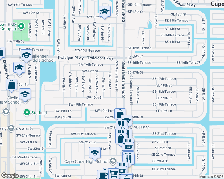 map of restaurants, bars, coffee shops, grocery stores, and more near 1810 Southwest 1st Avenue in Cape Coral