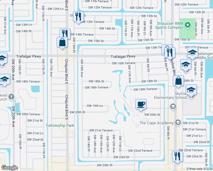 map of restaurants, bars, coffee shops, grocery stores, and more near 1204 Southwest 18th Street in Cape Coral