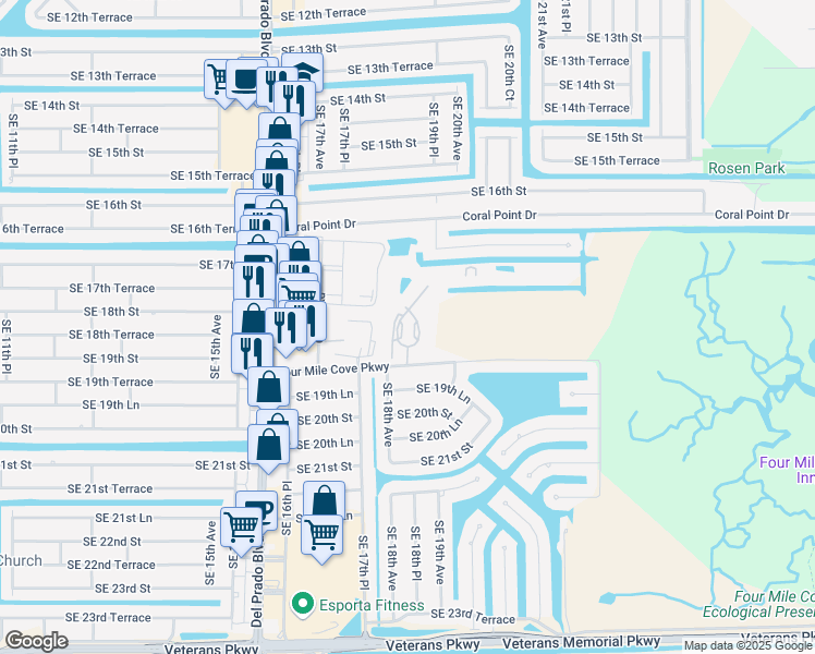 map of restaurants, bars, coffee shops, grocery stores, and more near 1759 Four Mile Cove Parkway in Cape Coral