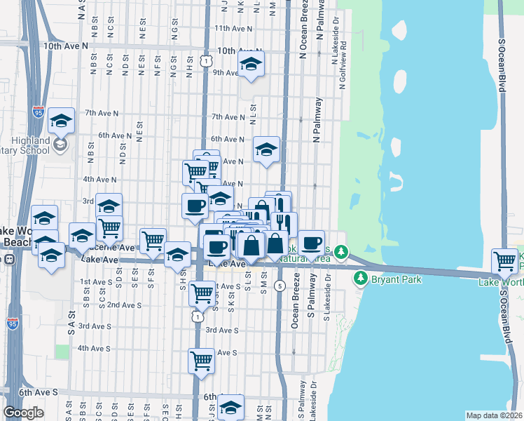 map of restaurants, bars, coffee shops, grocery stores, and more near 301 North M Street in Lake Worth