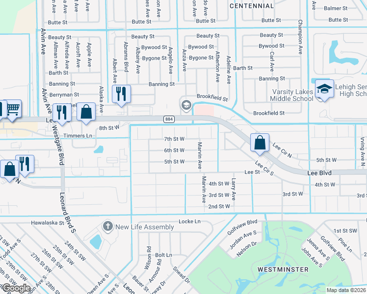 map of restaurants, bars, coffee shops, grocery stores, and more near 5222 6th Street West in Lehigh Acres