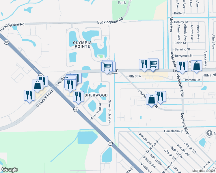 map of restaurants, bars, coffee shops, grocery stores, and more near 8113 Silver Birch Way in Lehigh Acres
