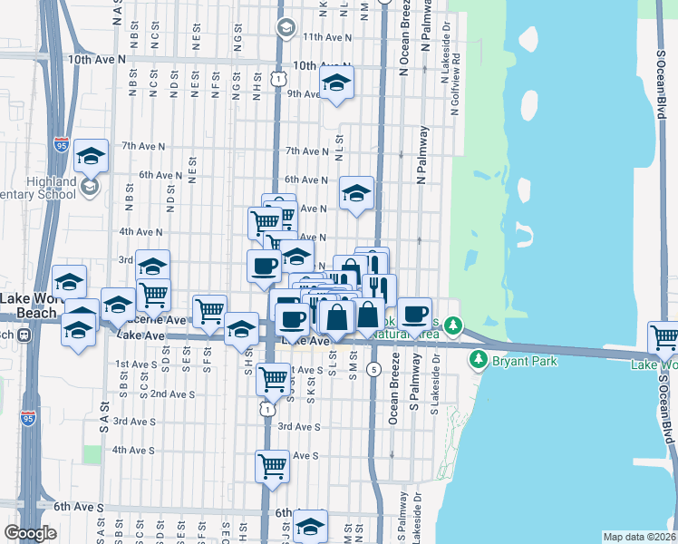 map of restaurants, bars, coffee shops, grocery stores, and more near 301 North M Street in Lake Worth