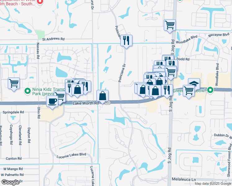 map of restaurants, bars, coffee shops, grocery stores, and more near 3951 Via Poinciana in Lake Worth