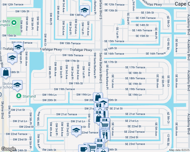 map of restaurants, bars, coffee shops, grocery stores, and more near 1809 Southwest Santa Barbara Place in Cape Coral