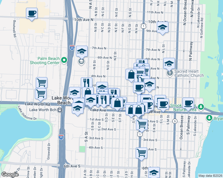 map of restaurants, bars, coffee shops, grocery stores, and more near 230 North E Street in Lake Worth