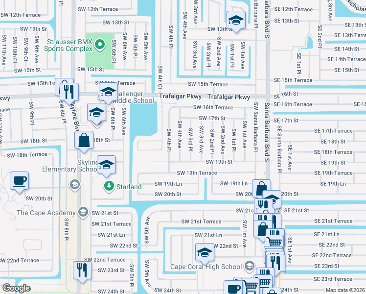 map of restaurants, bars, coffee shops, grocery stores, and more near 1813 Southwest 4th Avenue in Cape Coral