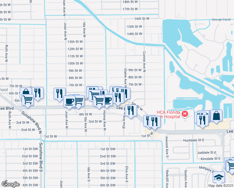 map of restaurants, bars, coffee shops, grocery stores, and more near 2710 6th Street West in Lehigh Acres