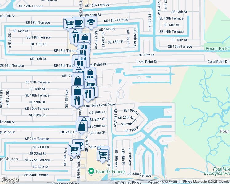 map of restaurants, bars, coffee shops, grocery stores, and more near 1757 Four Mile Cove Parkway in Cape Coral