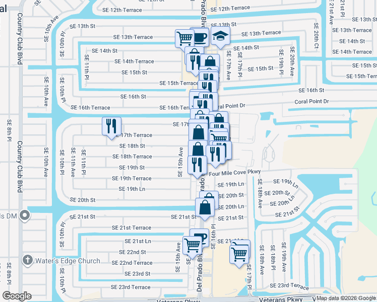map of restaurants, bars, coffee shops, grocery stores, and more near 1802 Southeast 15th Place in Cape Coral