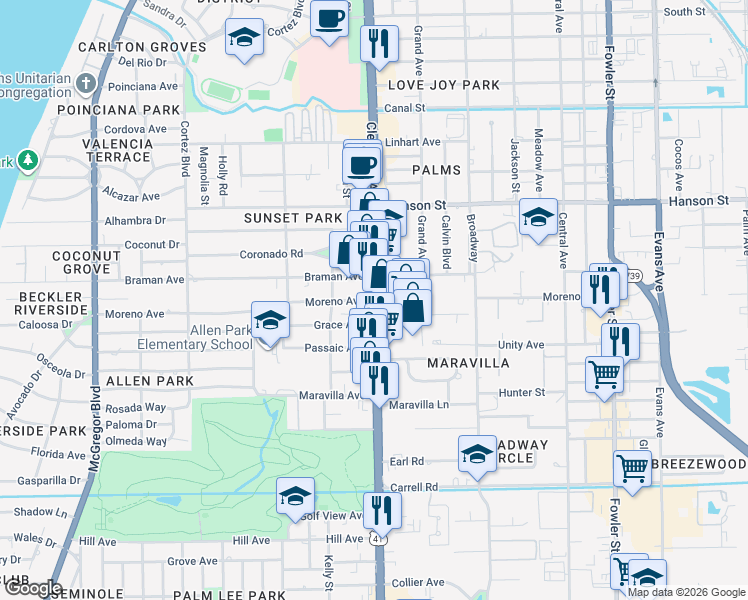 map of restaurants, bars, coffee shops, grocery stores, and more near Moreno Avenue in Fort Myers