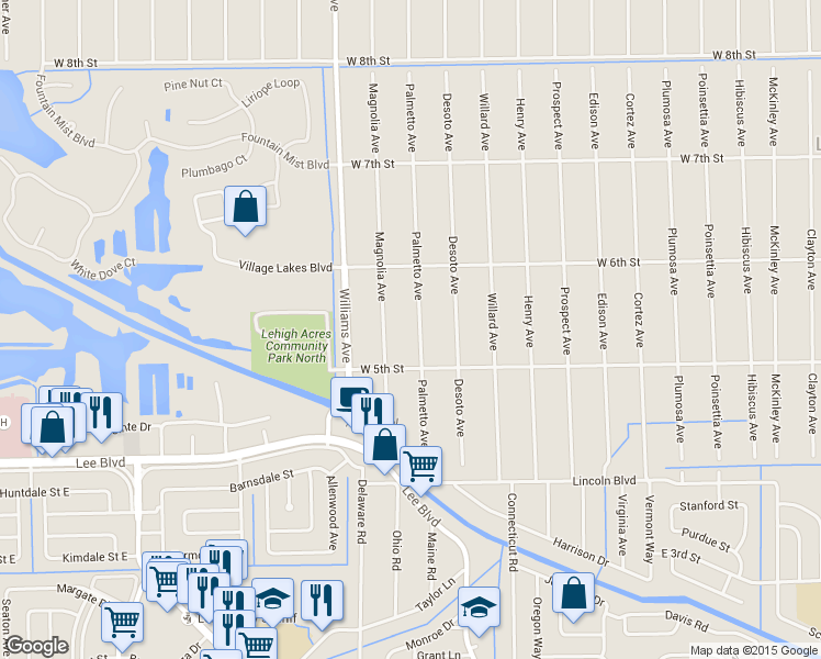 map of restaurants, bars, coffee shops, grocery stores, and more near 509 Palmetto Avenue in Lehigh Acres