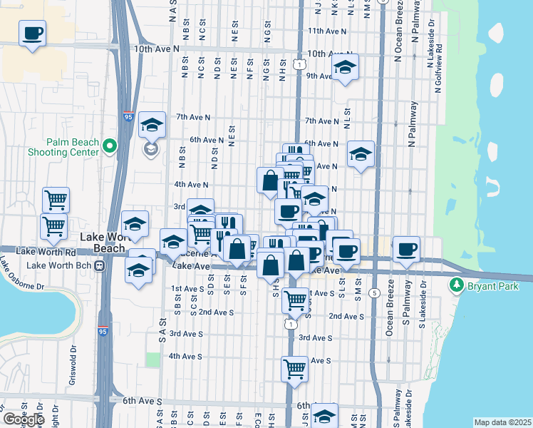 map of restaurants, bars, coffee shops, grocery stores, and more near 228 North G Street in Lake Worth