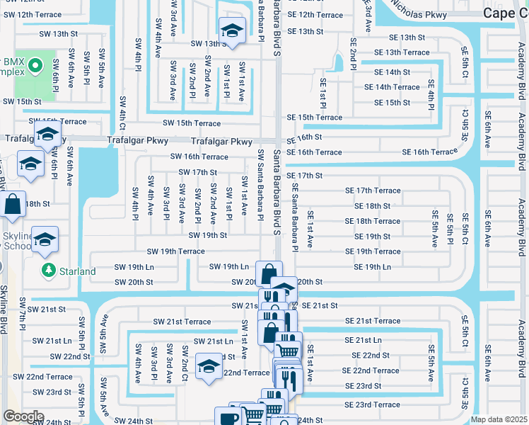 map of restaurants, bars, coffee shops, grocery stores, and more near 1809 Southwest Santa Barbara Place in Cape Coral