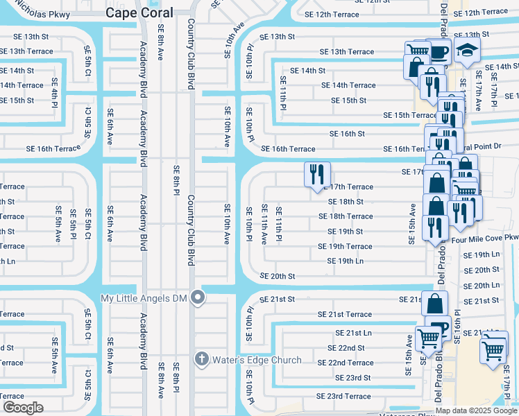 map of restaurants, bars, coffee shops, grocery stores, and more near 1806 Southeast 11th Avenue in Cape Coral