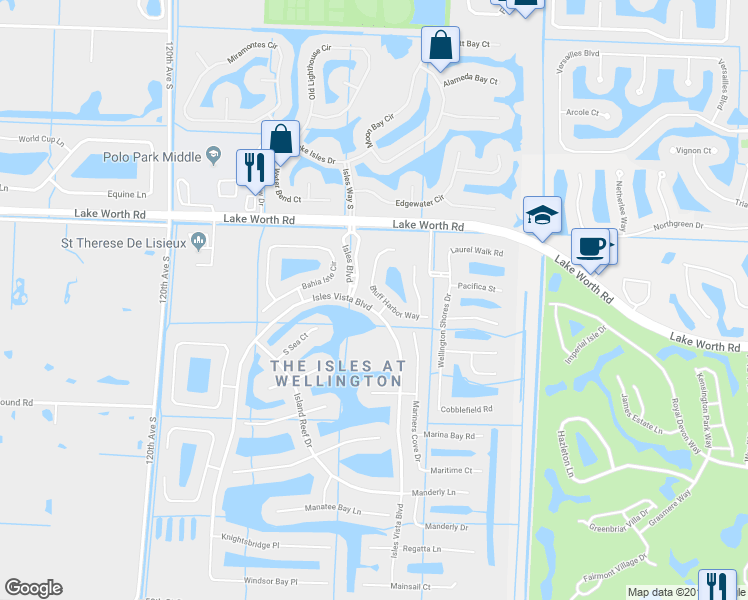 map of restaurants, bars, coffee shops, grocery stores, and more near 4177 Bluff Harbor Way in Lake Worth