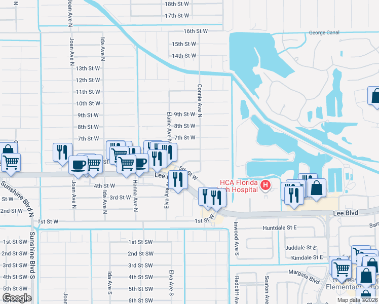 map of restaurants, bars, coffee shops, grocery stores, and more near 2607 6th Street West in Lehigh Acres