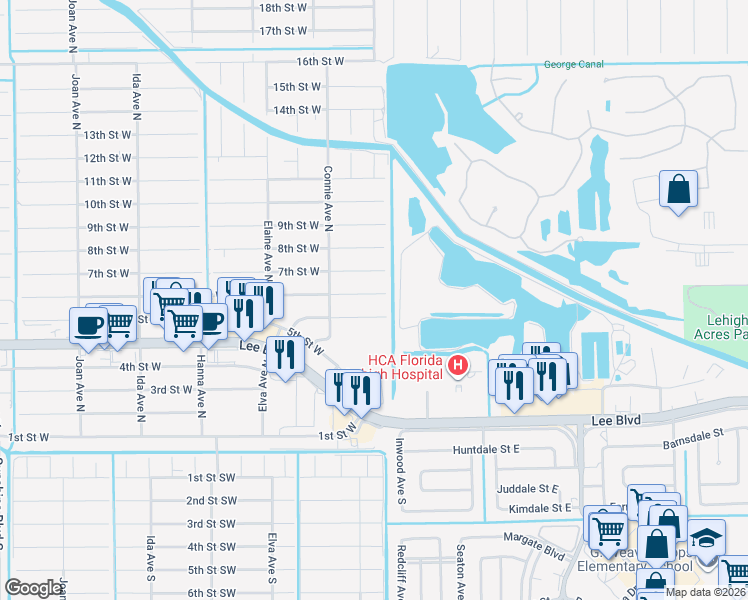 map of restaurants, bars, coffee shops, grocery stores, and more near 2505 6th Street West in Lehigh Acres