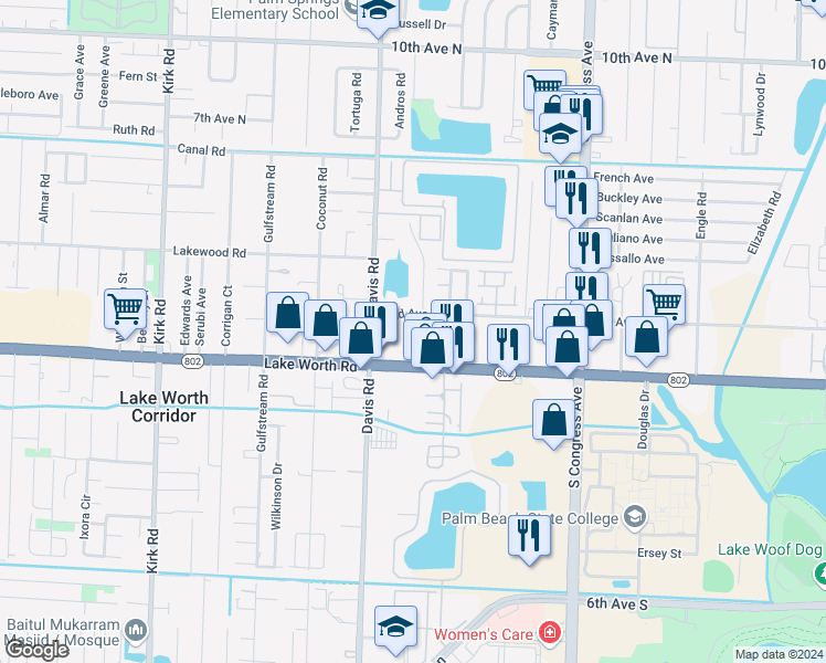 map of restaurants, bars, coffee shops, grocery stores, and more near 3395 Florida 802 in Palm Springs