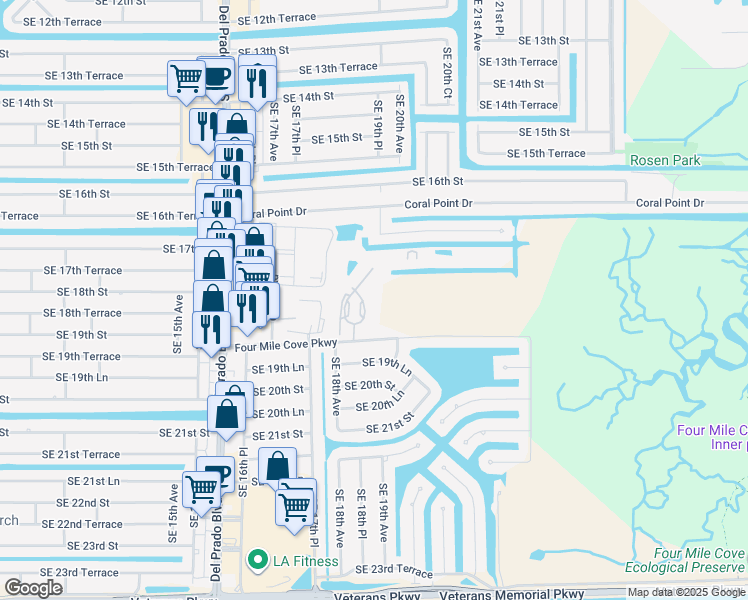 map of restaurants, bars, coffee shops, grocery stores, and more near 1765 Four Mile Cove Parkway in Cape Coral