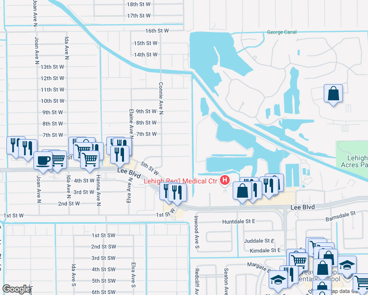 map of restaurants, bars, coffee shops, grocery stores, and more near 2505 6th Street West in Lehigh Acres