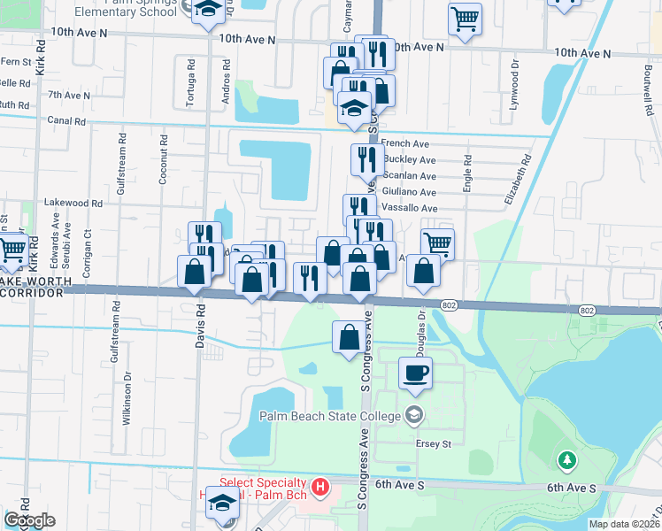 map of restaurants, bars, coffee shops, grocery stores, and more near 3112 2nd Avenue North in Palm Springs
