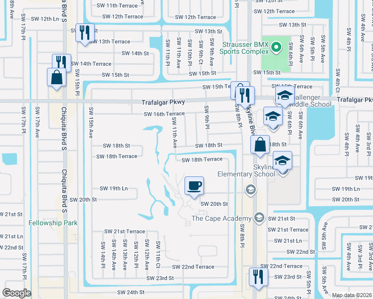 map of restaurants, bars, coffee shops, grocery stores, and more near 1004 Southwest 18th Street in Cape Coral
