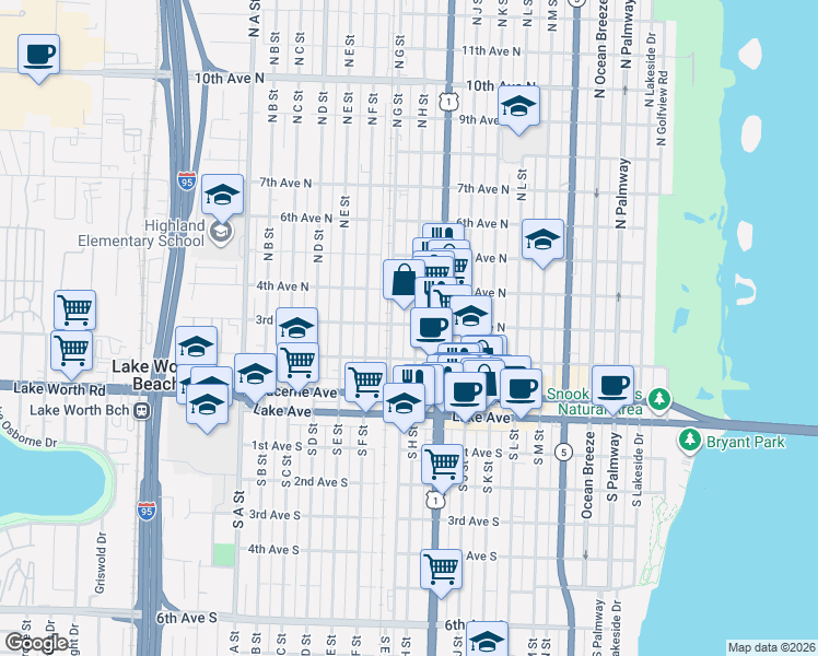 map of restaurants, bars, coffee shops, grocery stores, and more near 917 3rd Avenue North in Lake Worth