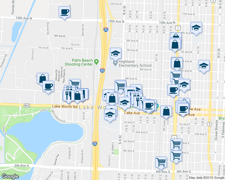 map of restaurants, bars, coffee shops, grocery stores, and more near 1751 3rd Avenue North in Lake Worth