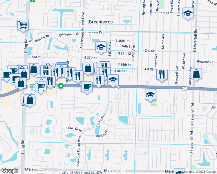 map of restaurants, bars, coffee shops, grocery stores, and more near Lake Worth Rd & S 57th Ave in Greenacres