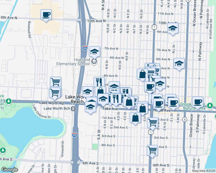 map of restaurants, bars, coffee shops, grocery stores, and more near 228 North B Street in Lake Worth