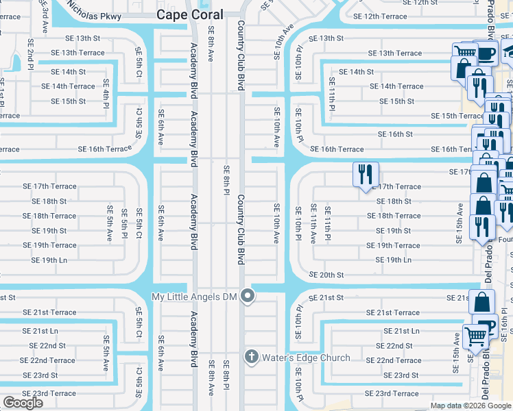 map of restaurants, bars, coffee shops, grocery stores, and more near 912 Southeast 18th Street in Cape Coral