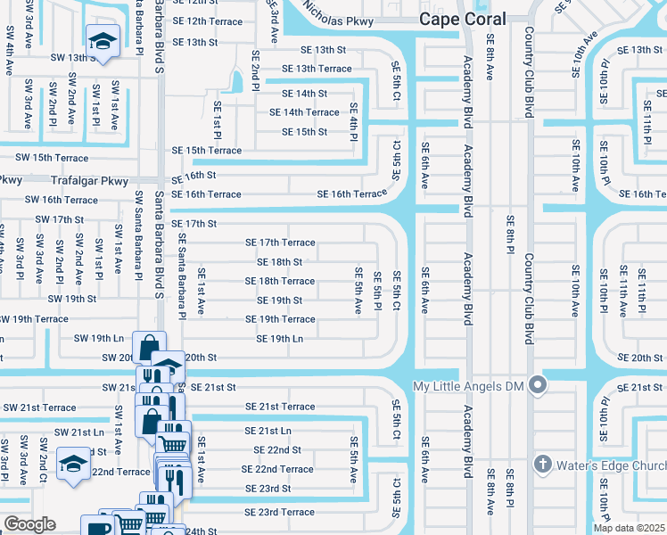 map of restaurants, bars, coffee shops, grocery stores, and more near 410 Southeast 18th Street in Cape Coral