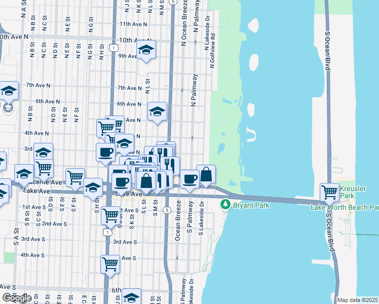map of restaurants, bars, coffee shops, grocery stores, and more near 301 North Palmway in Lake Worth