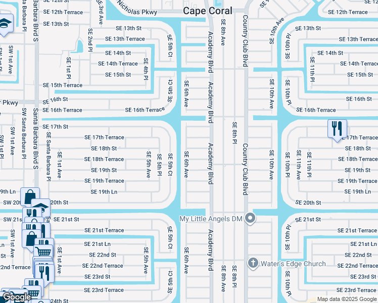 map of restaurants, bars, coffee shops, grocery stores, and more near 602 Southeast 18th Street in Cape Coral