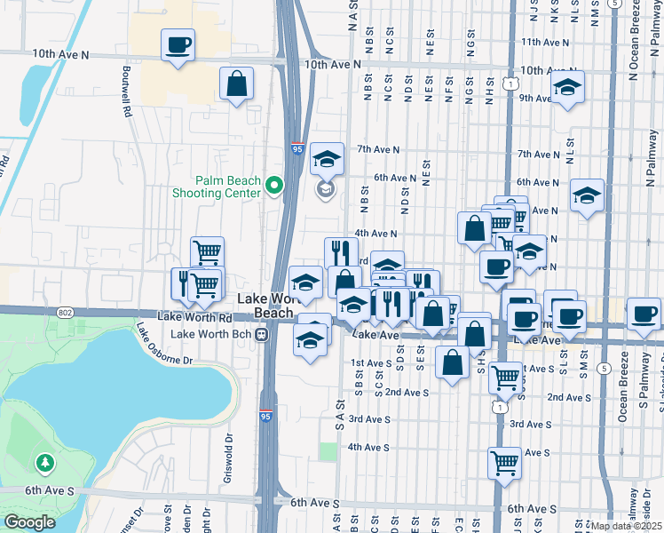 map of restaurants, bars, coffee shops, grocery stores, and more near 1715 3rd Avenue North in Lake Worth