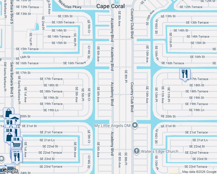 map of restaurants, bars, coffee shops, grocery stores, and more near 624 Southeast 18th Street in Cape Coral
