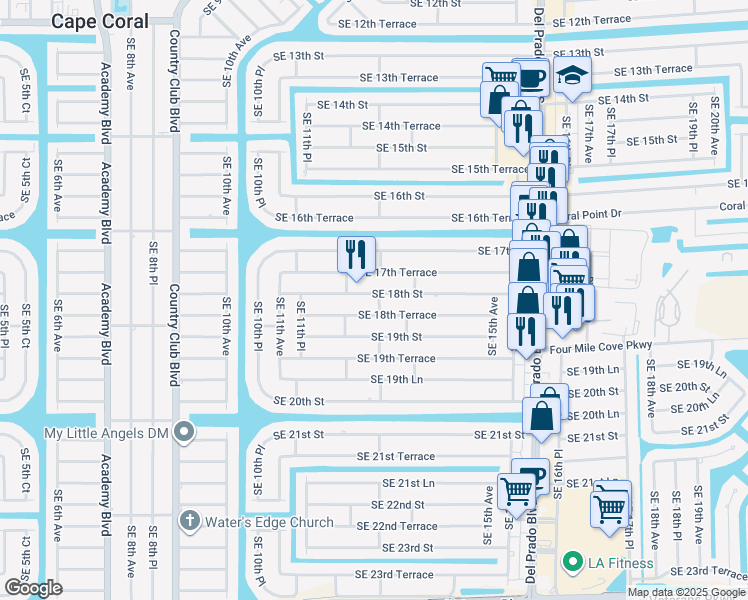 map of restaurants, bars, coffee shops, grocery stores, and more near 1218 Southeast 18th Street in Cape Coral