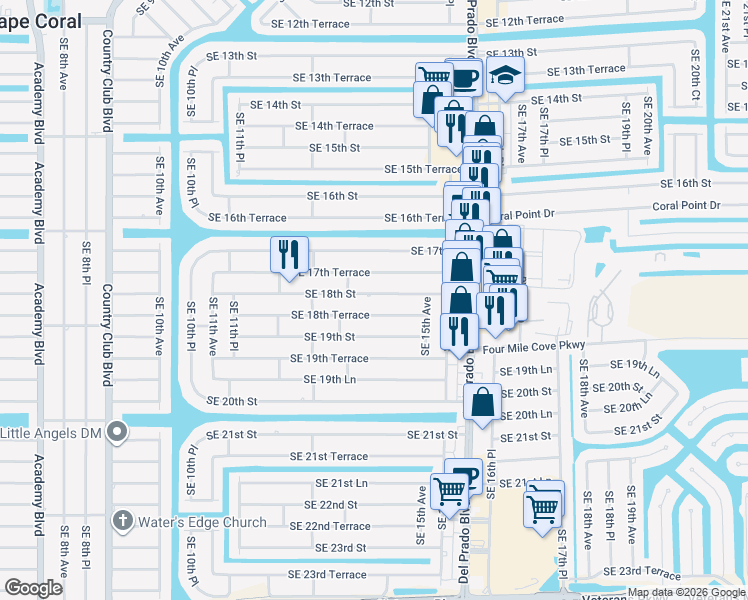 map of restaurants, bars, coffee shops, grocery stores, and more near 1418 Southeast 18th Street in Cape Coral