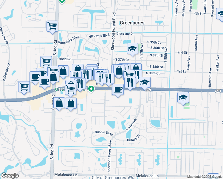 map of restaurants, bars, coffee shops, grocery stores, and more near Lake Worth Rd & Sherwood Forest Blvd in Greenacres