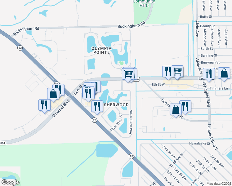 map of restaurants, bars, coffee shops, grocery stores, and more near 8025 Silver Birch Way in Lehigh Acres