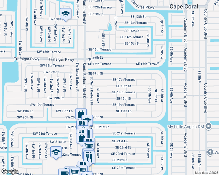 map of restaurants, bars, coffee shops, grocery stores, and more near 154 Southeast 18th Street in Cape Coral