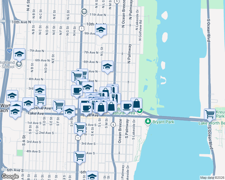 map of restaurants, bars, coffee shops, grocery stores, and more near 300 North Federal Highway in Lake Worth