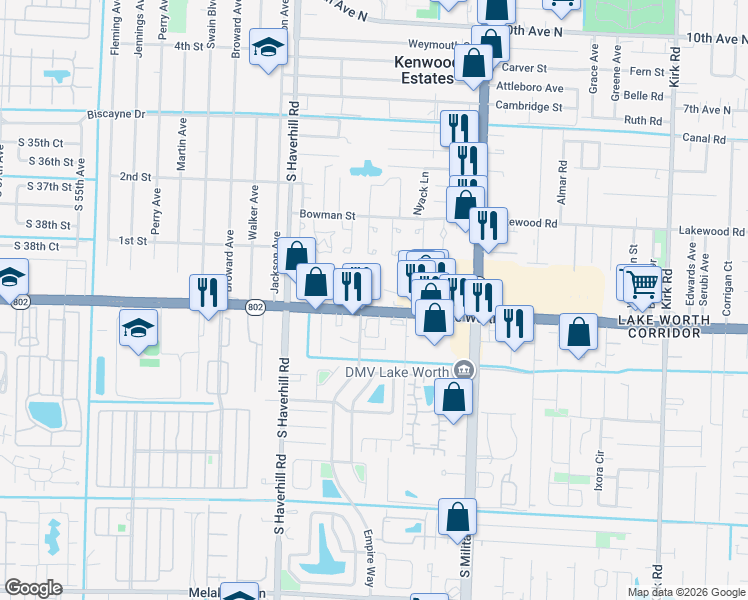 map of restaurants, bars, coffee shops, grocery stores, and more near 4615 Lake Worth Road in Greenacres
