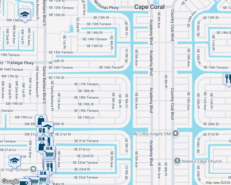 map of restaurants, bars, coffee shops, grocery stores, and more near 1801 Southeast 5th Avenue in Cape Coral