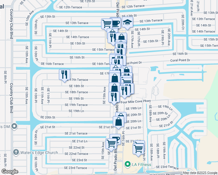 map of restaurants, bars, coffee shops, grocery stores, and more near 1802 Southeast 15th Place in Cape Coral