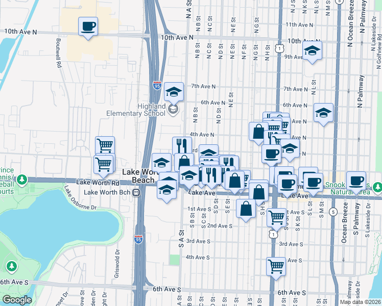 map of restaurants, bars, coffee shops, grocery stores, and more near 228 North B Street in Lake Worth
