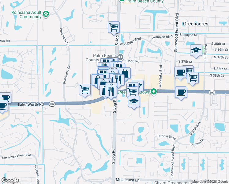map of restaurants, bars, coffee shops, grocery stores, and more near 3991 Jog Road in Greenacres