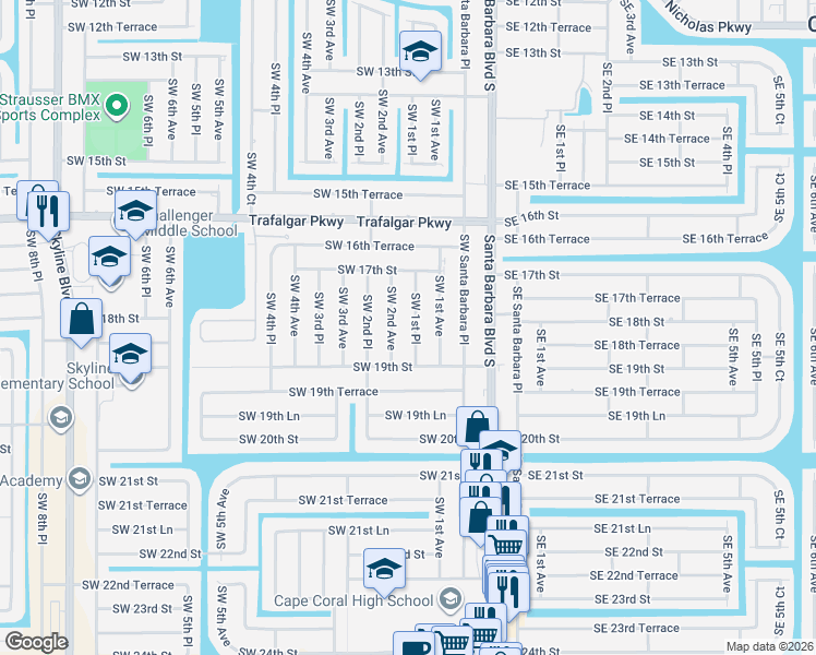 map of restaurants, bars, coffee shops, grocery stores, and more near 1807 Southwest 2nd Avenue in Cape Coral